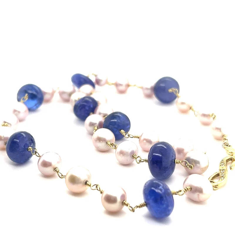 Unique necklaces and pendants with custom birthstone arrangements for personalization-18Kt Green Gold Tanzanite with pink pearls 24" Handcrafted Necklace