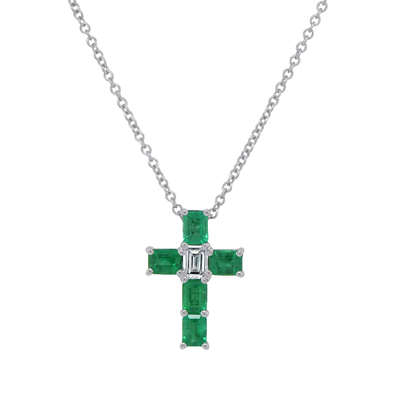 Necklaces and pendants with celestial starburst designs for a radiant look-Diamond and Emerald Cross Brooch Pendant