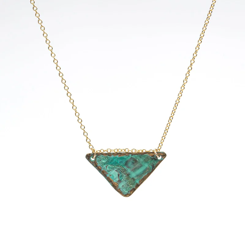 Stunning necklaces and pendants with turquoise and gold for a vibrant, earthy look-Triangle Necklace in Brass with Green Patina