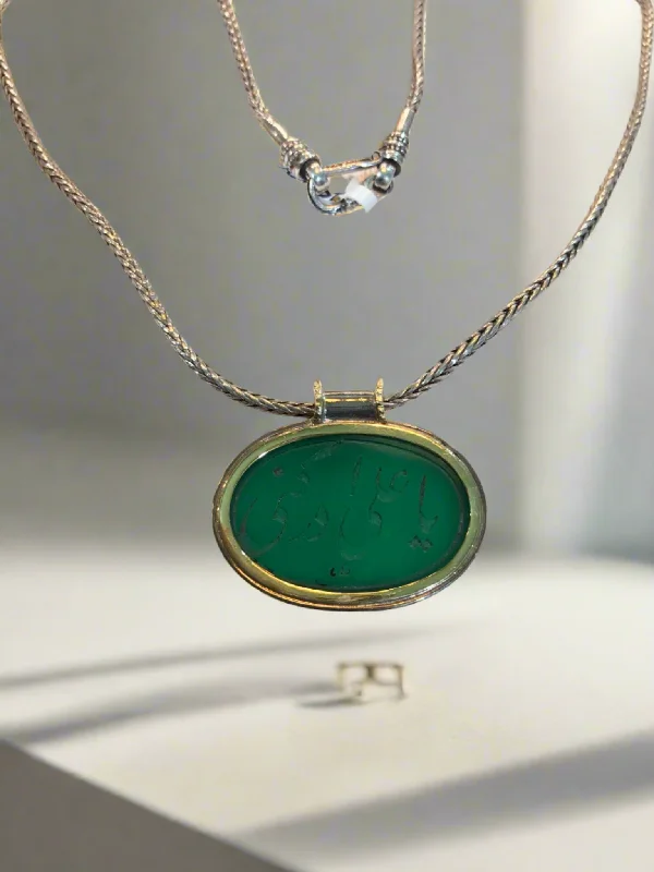 Best necklaces and pendants for everyday wear with minimalist designs-Gold and silver medallion with a seal stone green agate, Medallion, Vintage Jewelry, Handmade pendant, Greek Jewelry