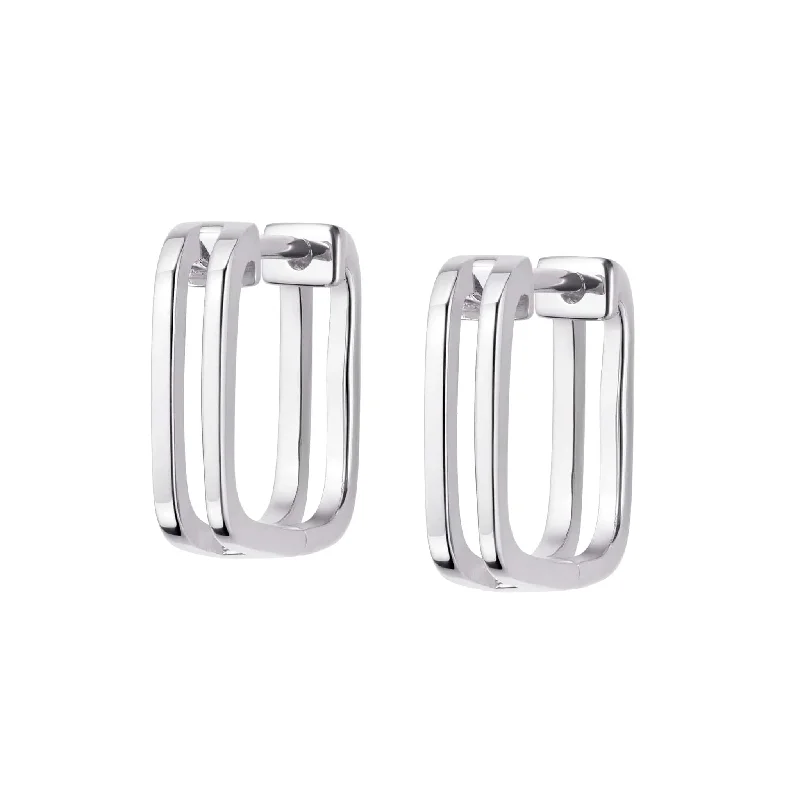 Hoop earrings with rhinestone-studded rims for a glamorous touch-Double Square Huggie Hoop Earrings Sterling Silver